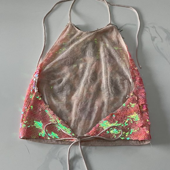 Topshop Pink Sequin Halter Tie Neck Crop Top - Picture 8 of 9